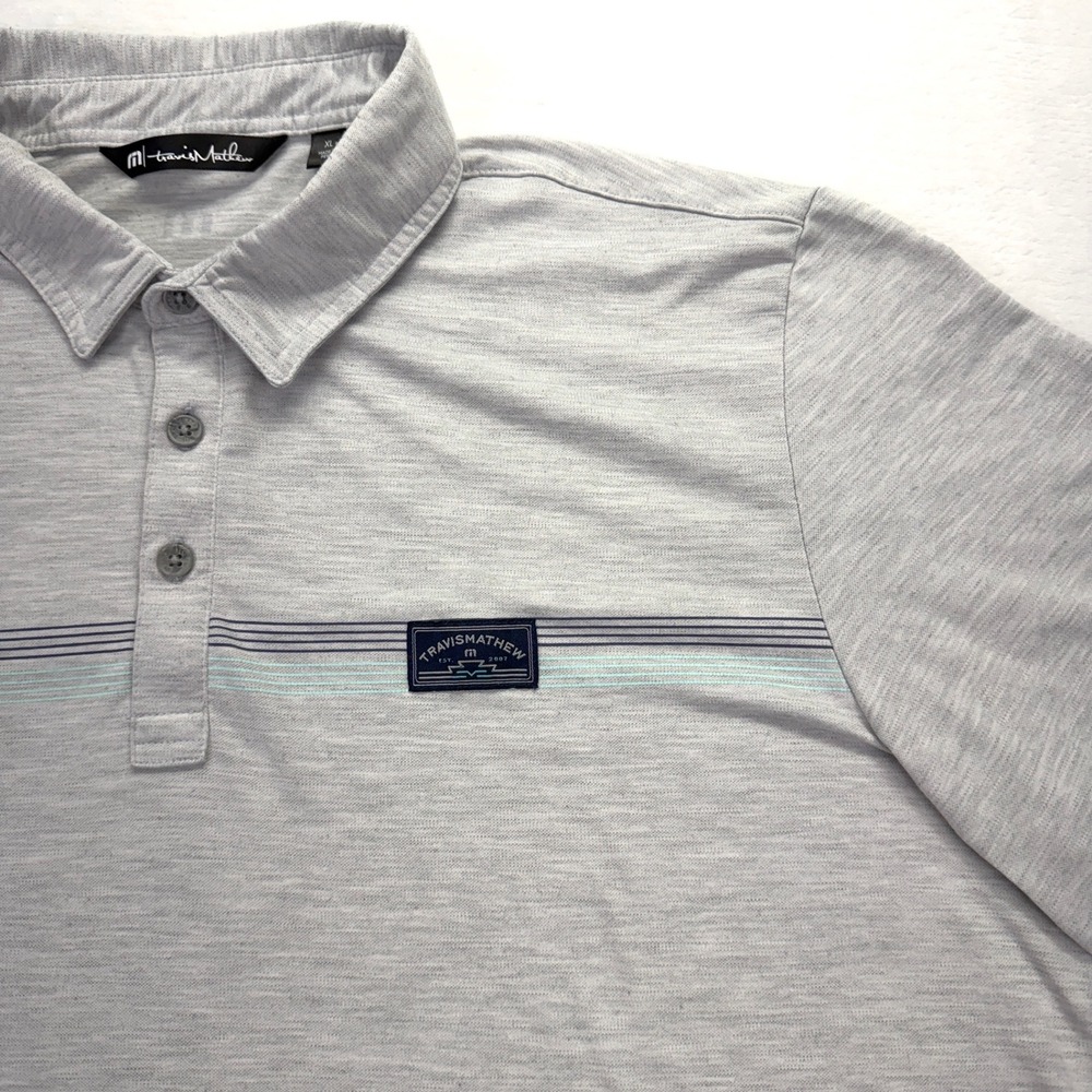 TravisMathew Polo Shirt Mens XL Gray Heathered Stripe Golf Performance Stretch - Picture 3 of 11